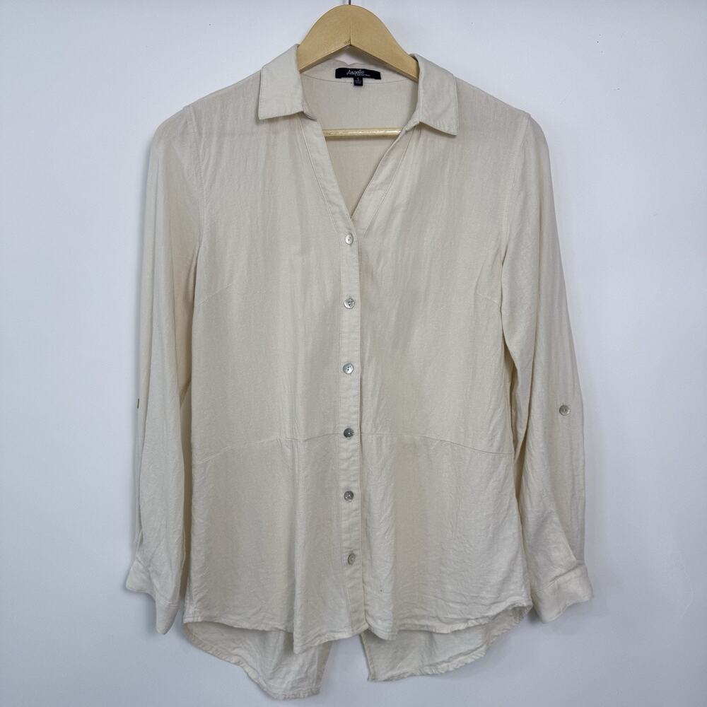 Angels Forever Young Linen Blend Button Up Shirt Womens Small‎ Beige Split Hem